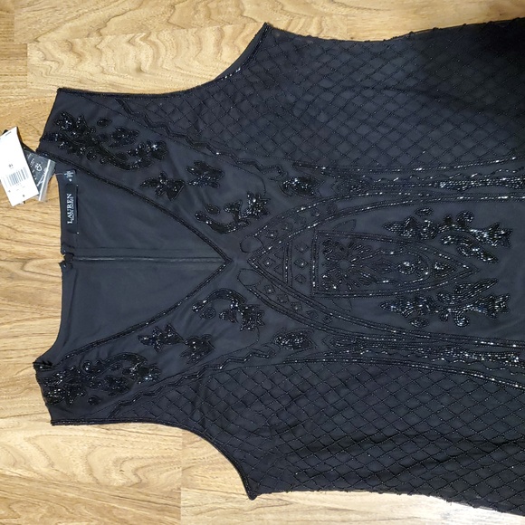 Lauren Ralph Beaded Sleeveless Cocktail Dress Fringe Beaded Embroidery Womens 16 - Picture 3 of 16